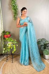 Sky Blue Crystal Silk Embroidered Saree