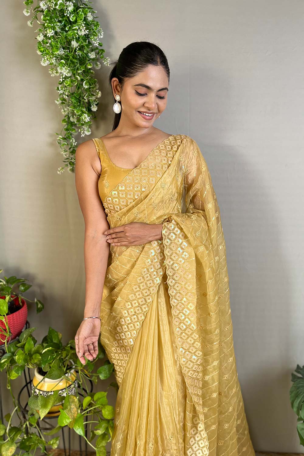 Yellow Crystal Silk Embroidered Saree