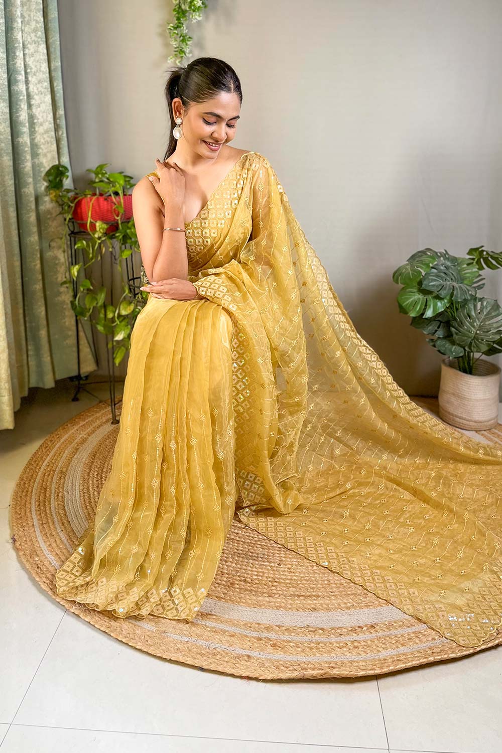 Yellow Crystal Silk Embroidered Saree