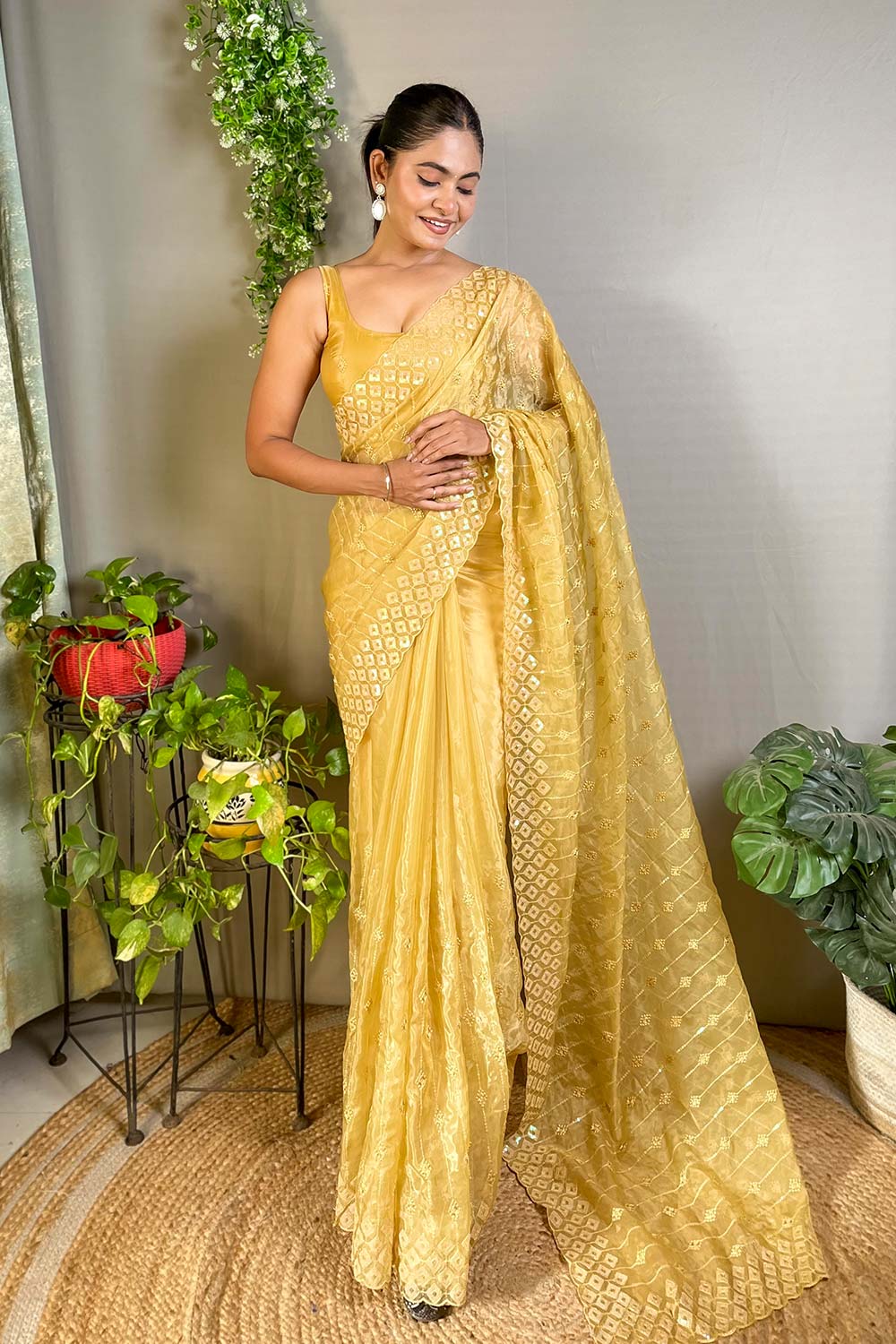 Yellow Crystal Silk Embroidered Saree