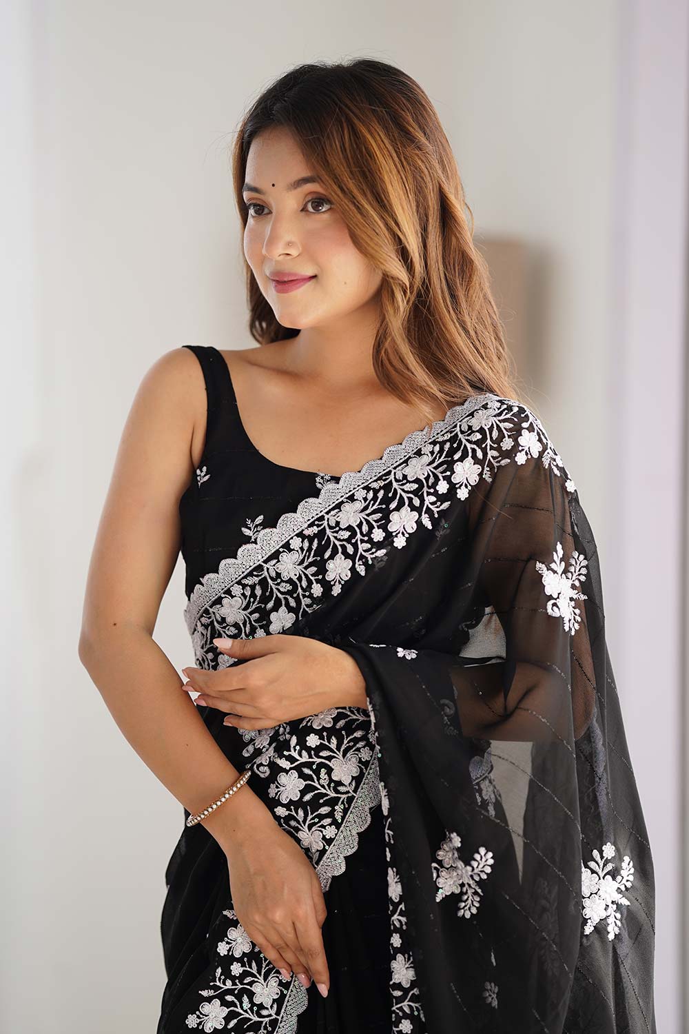 Black Georgette Embroidered Saree