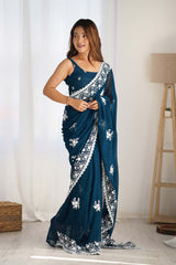 Teal Georgette Embroidered Saree