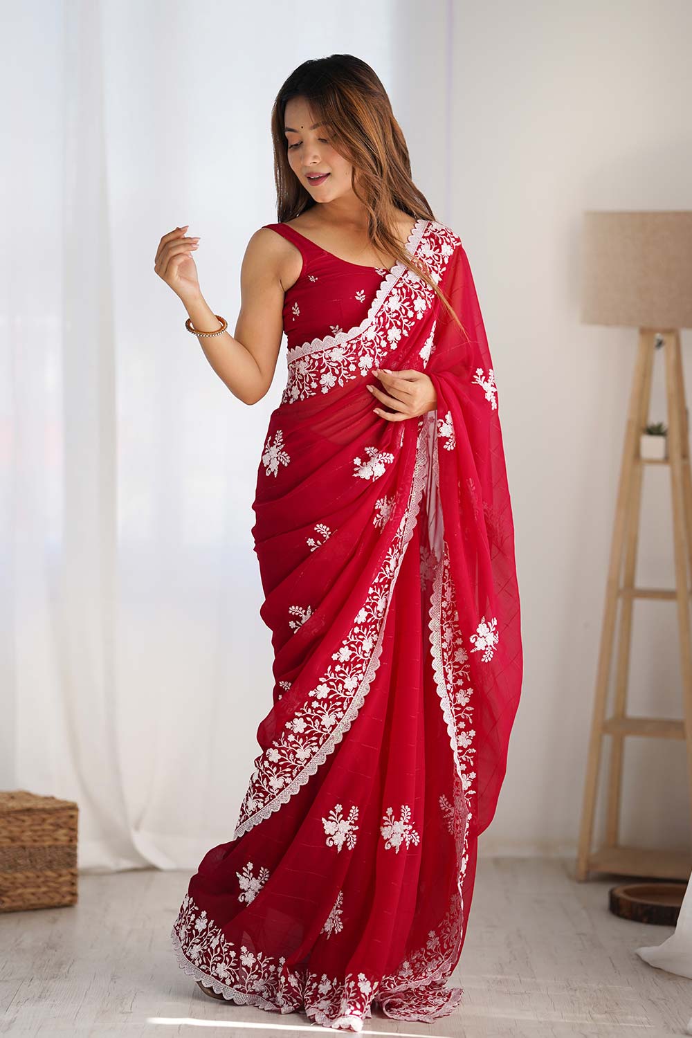 Pink Georgette Embroidered Saree