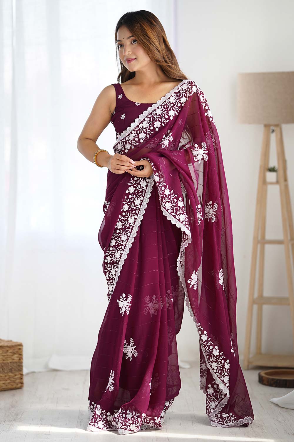 Wine Georgette Embroidered Saree