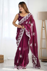 Wine Georgette Embroidered Saree