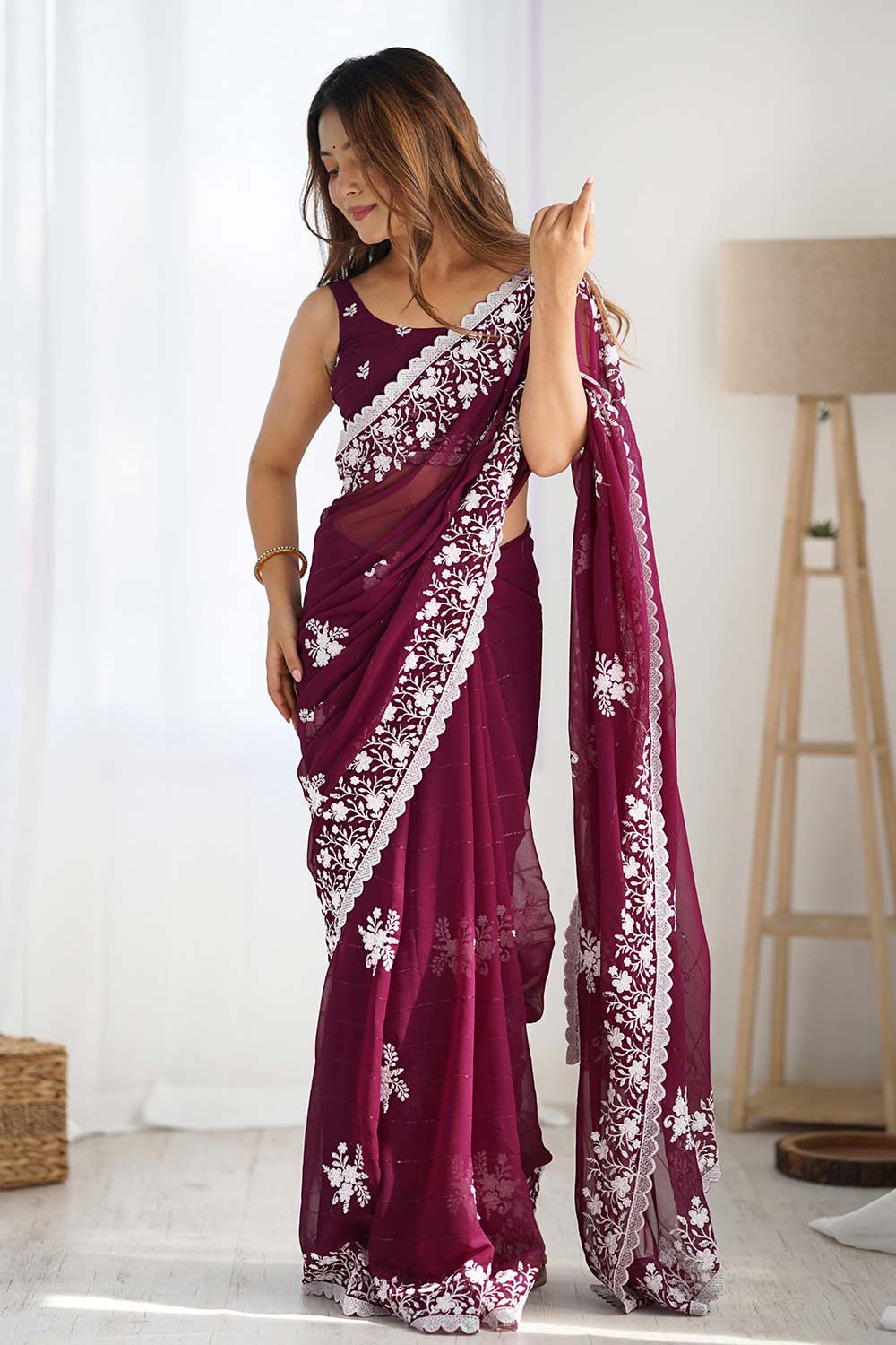 Wine Georgette Embroidered Saree