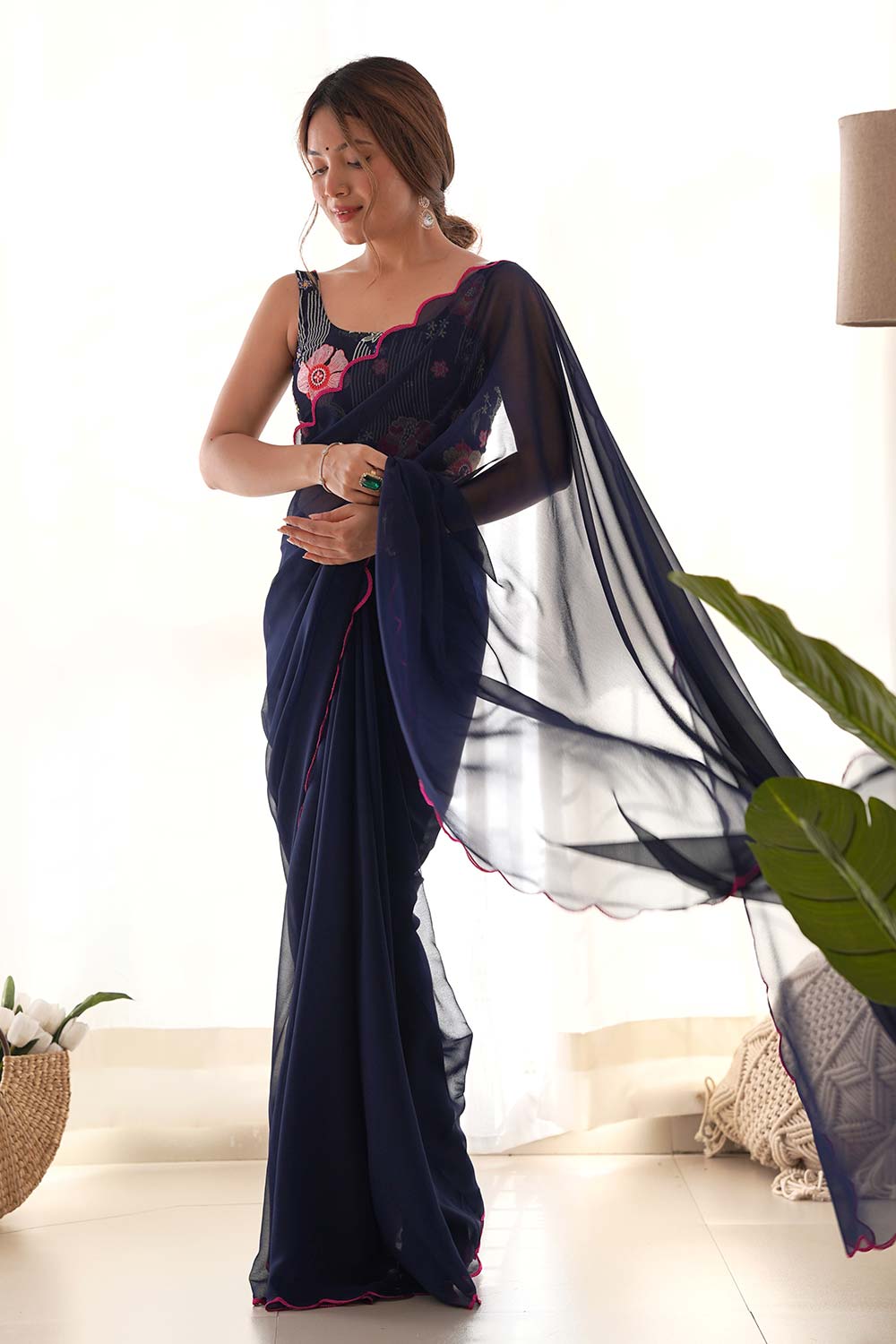 Navy Blue Georgette Embroidered Saree