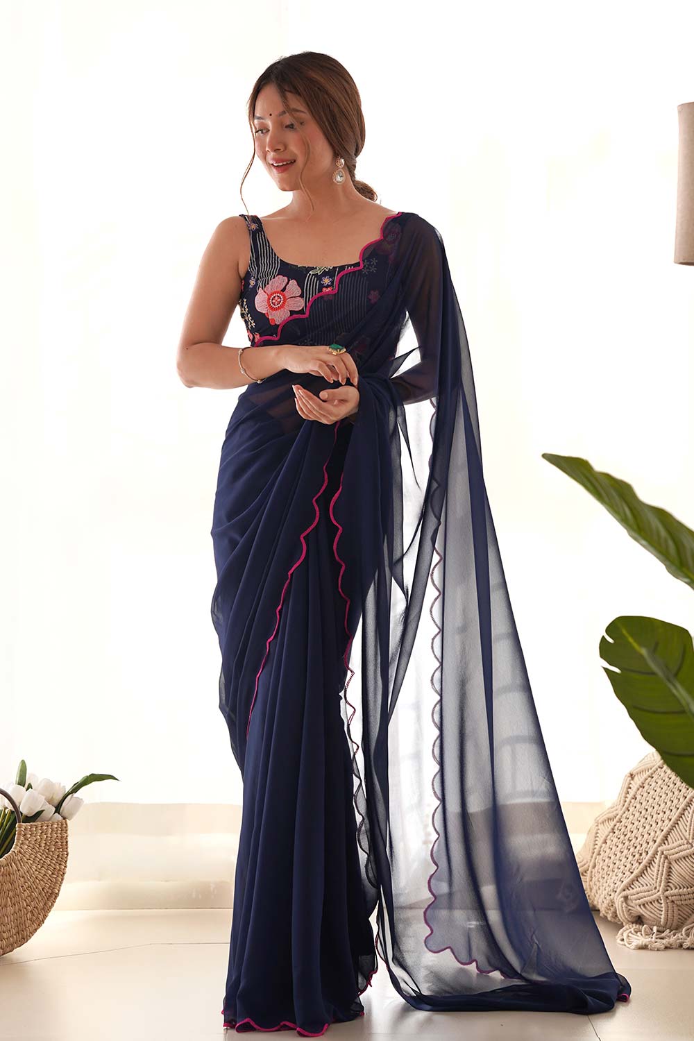 Navy Blue Georgette Embroidered Saree