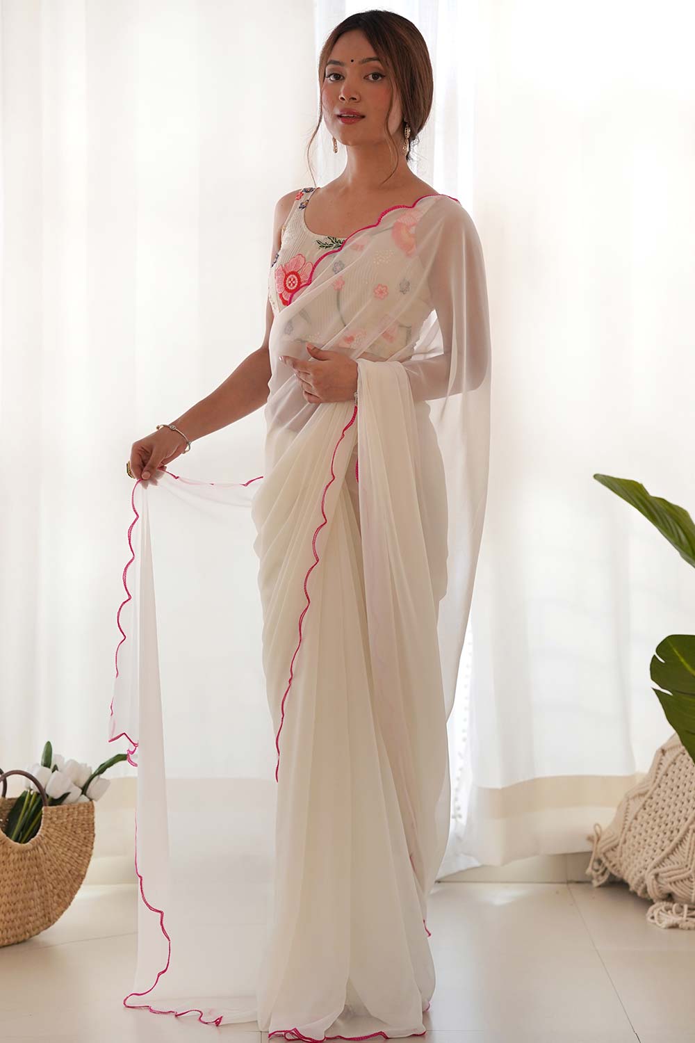 Off White Georgette Embroidered Saree