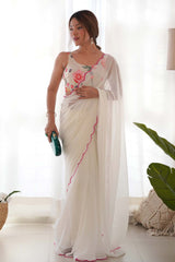 Off White Georgette Embroidered Saree