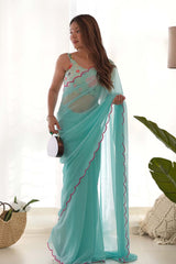 Sky Blue Georgette Embroidered Saree