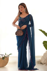 Teal Georgette Embroidered Saree