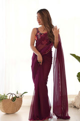 Wine Georgette Embroidered Saree