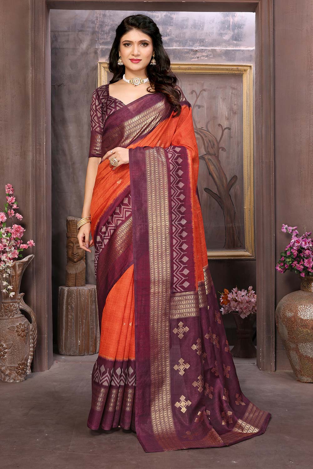 Orange Cotton Silk Woven Saree