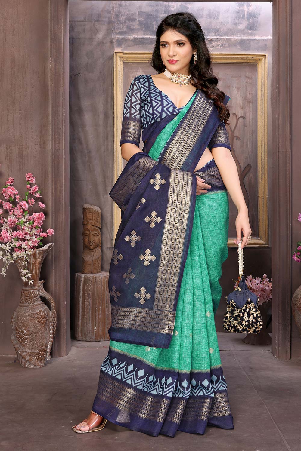 Sea Green Cotton Silk Woven Saree