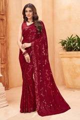 Maroon Faux Georgette Embroidered Saree