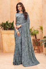 Grey Faux Georgette Embroidered Saree