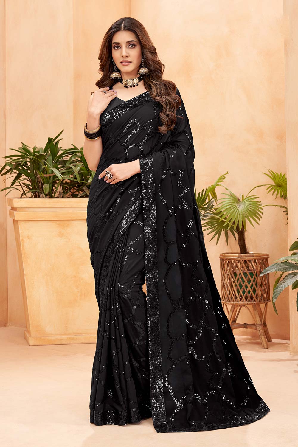 Black Faux Georgette Embroidered Saree