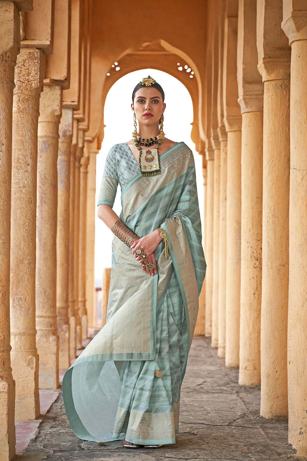 Sea Green Viscose Silk Woven Design Saree