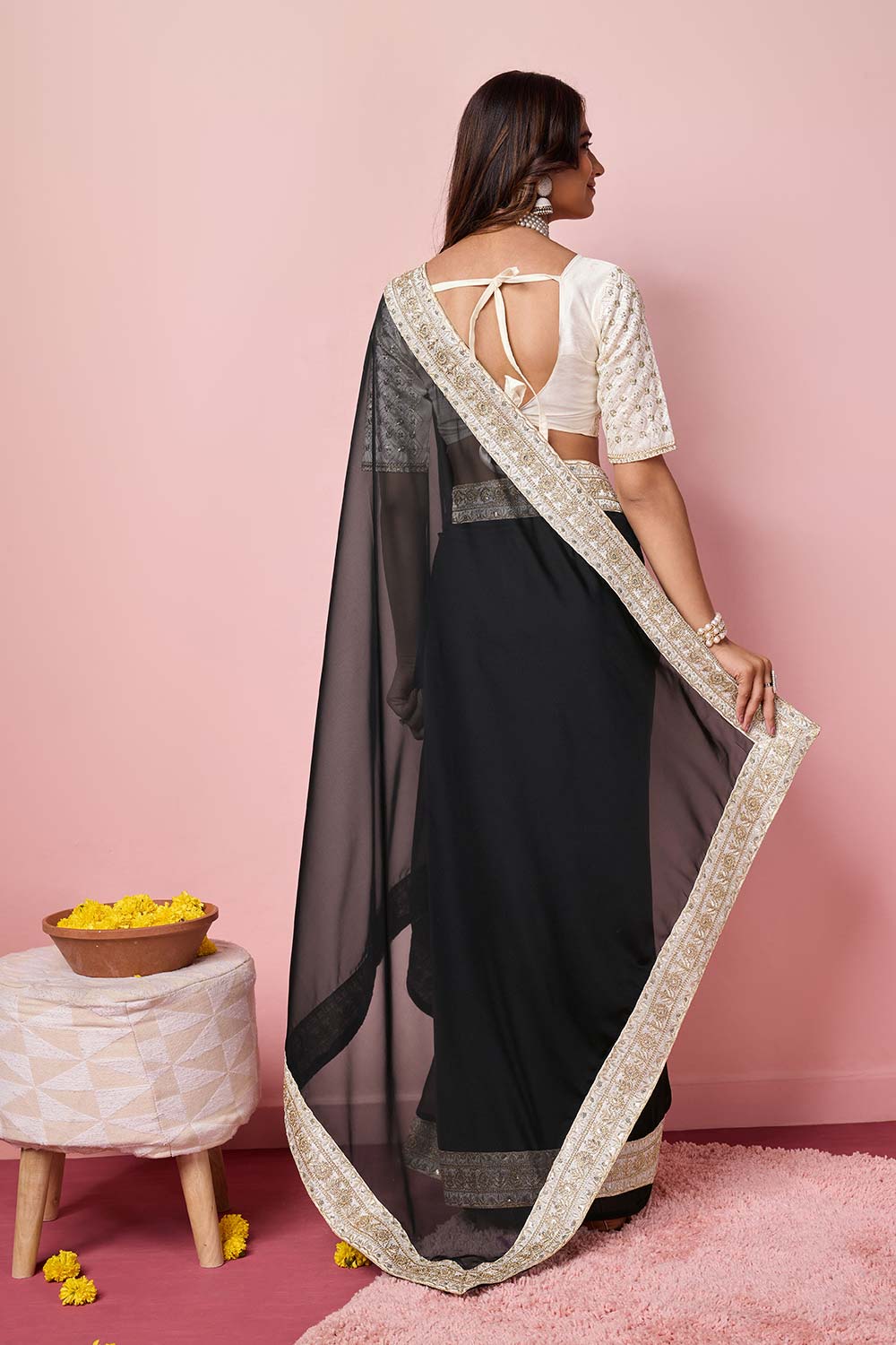 Black Organza Embroidered Saree