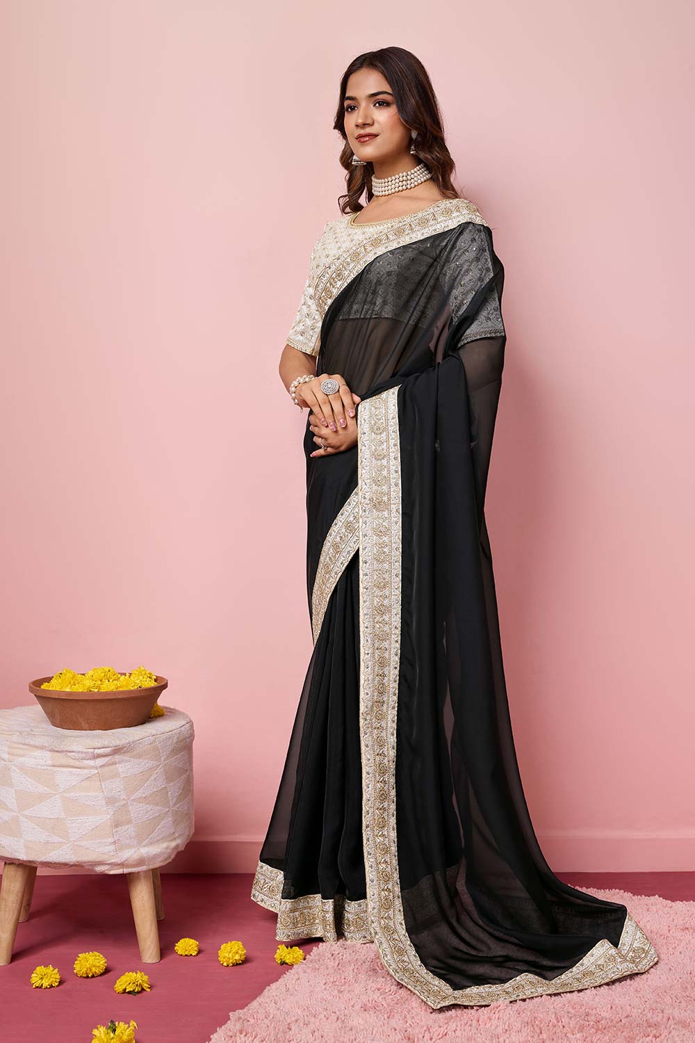 Black Organza Embroidered Saree