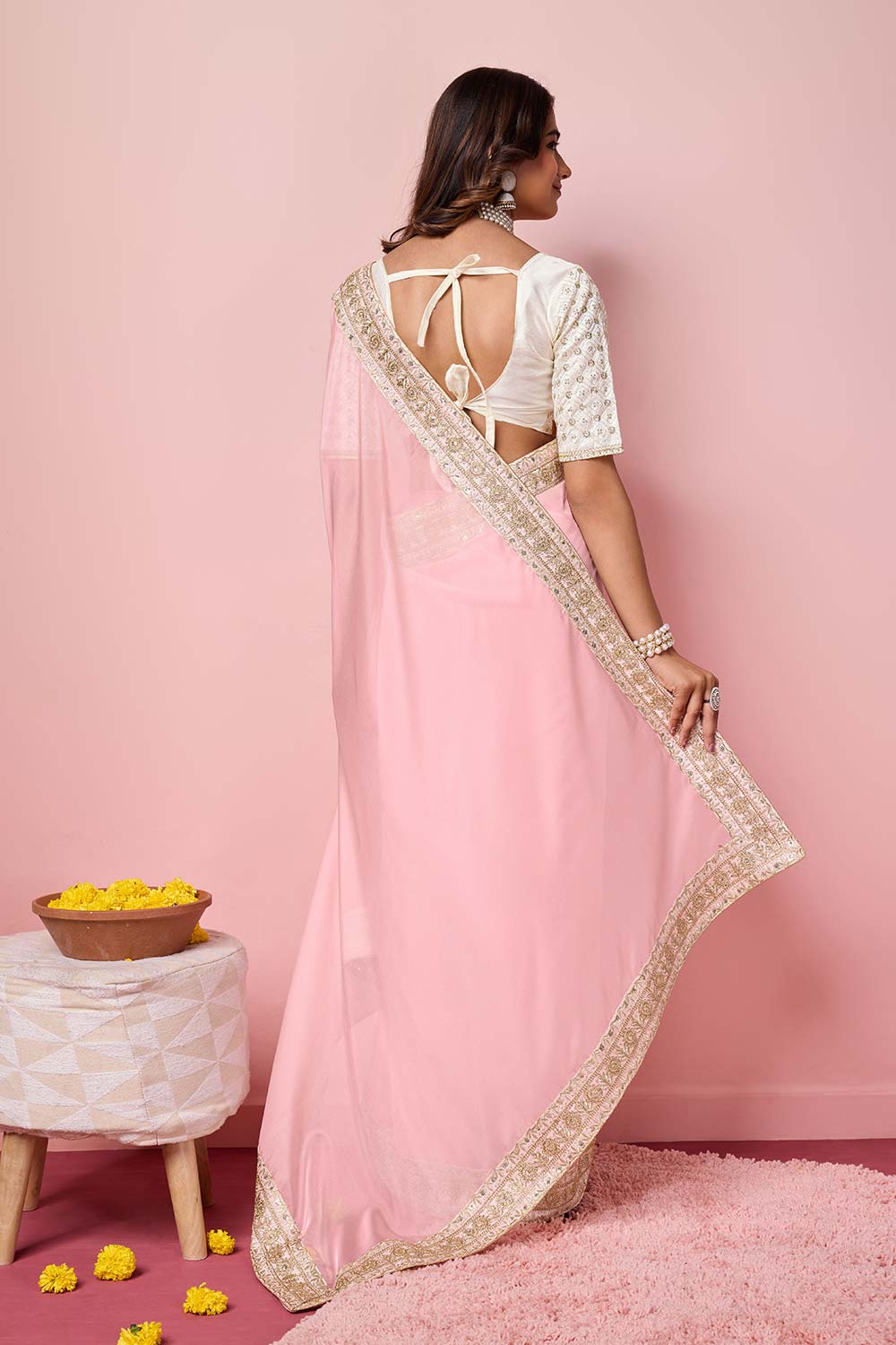 Rose Pink Organza Embroidered Saree