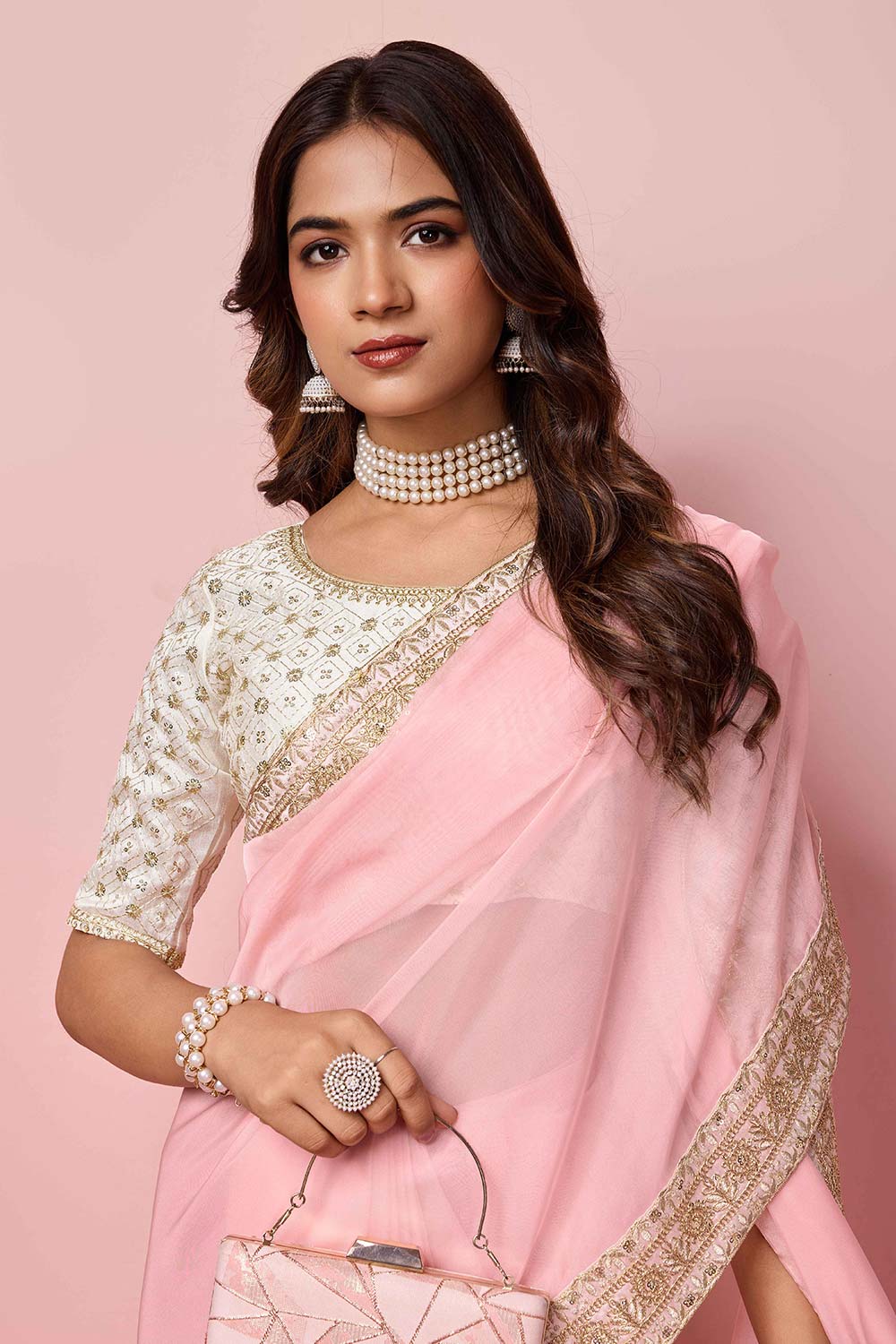 Rose Pink Organza Embroidered Saree