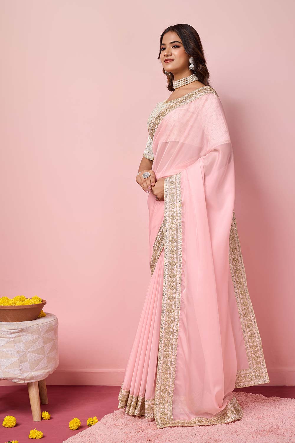 Rose Pink Organza Embroidered Saree