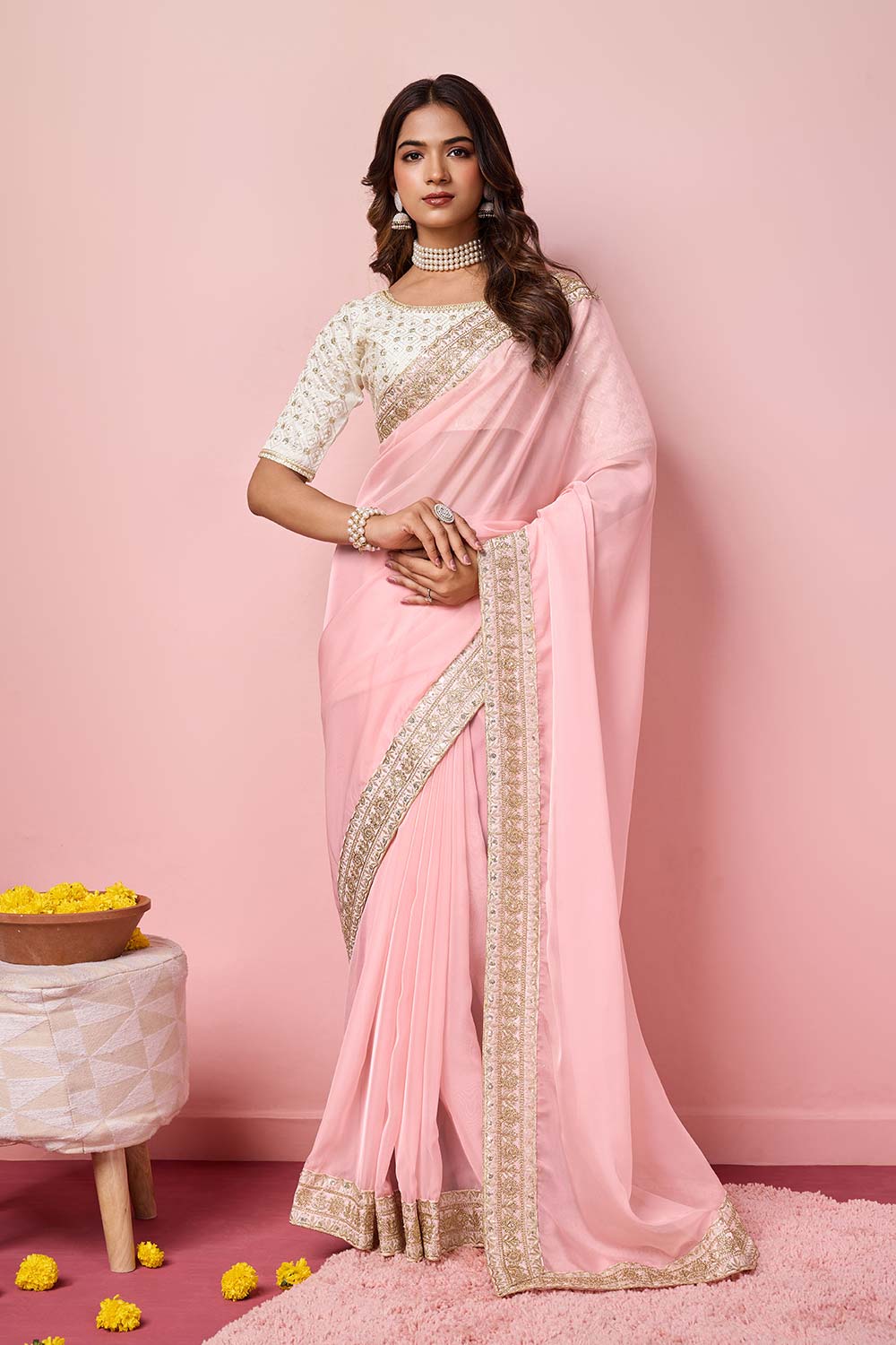 Rose Pink Organza Embroidered Saree