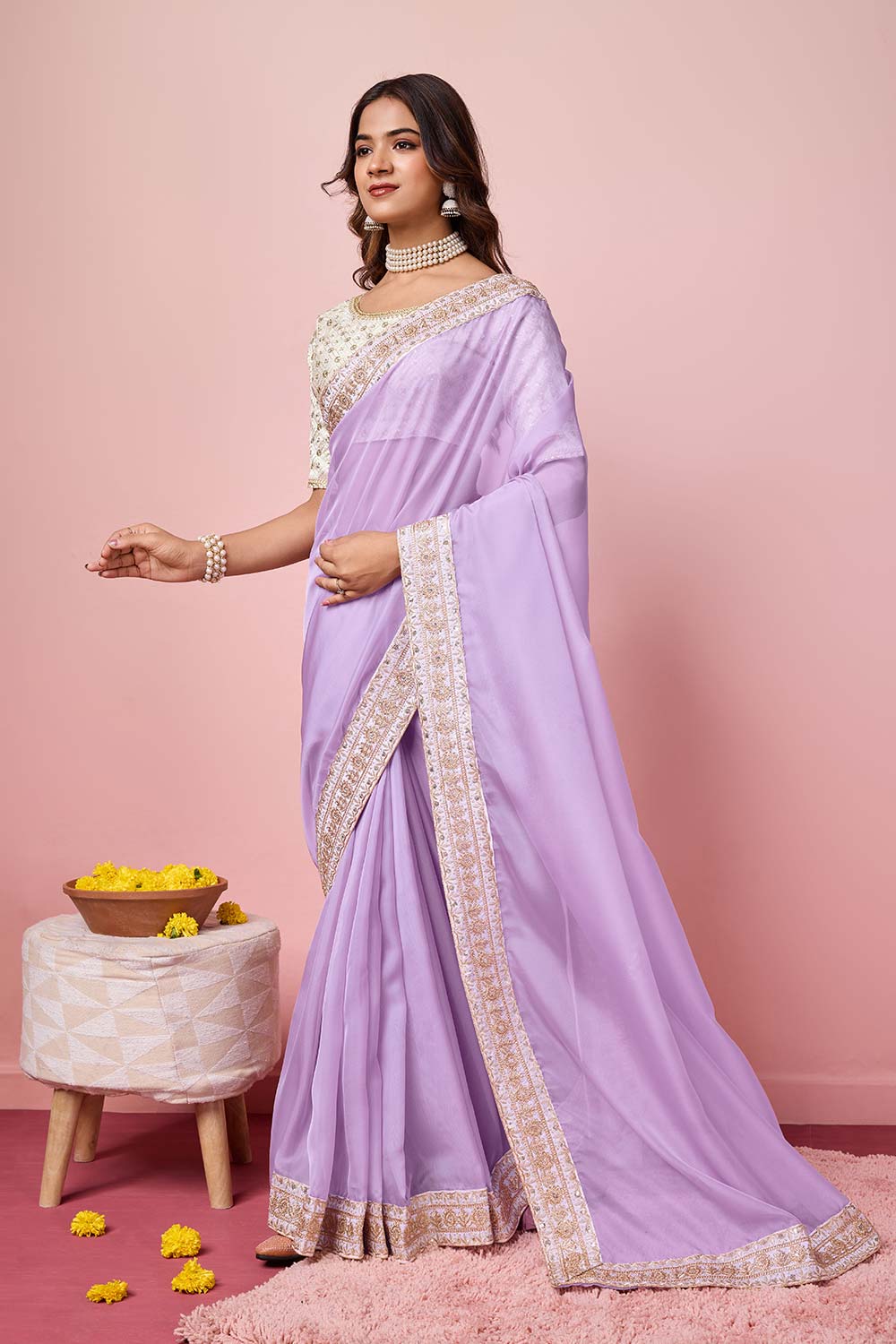 Purple Organza Embroidered Saree