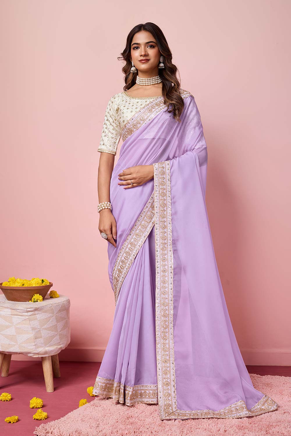 Purple Organza Embroidered Saree