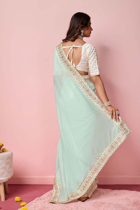 Sea Green Organza Embroidered Saree