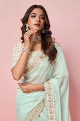 Sea Green Organza Embroidered Saree