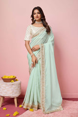 Sea Green Organza Embroidered Saree