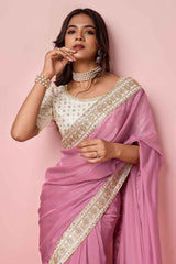 Pink Organza Embroidered Saree