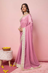 Pink Organza Embroidered Saree