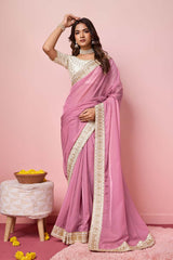 Pink Organza Embroidered Saree