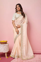 Peach Organza Embroidered Saree