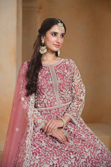 Pink Net Embroidered Anarkali Suit Set