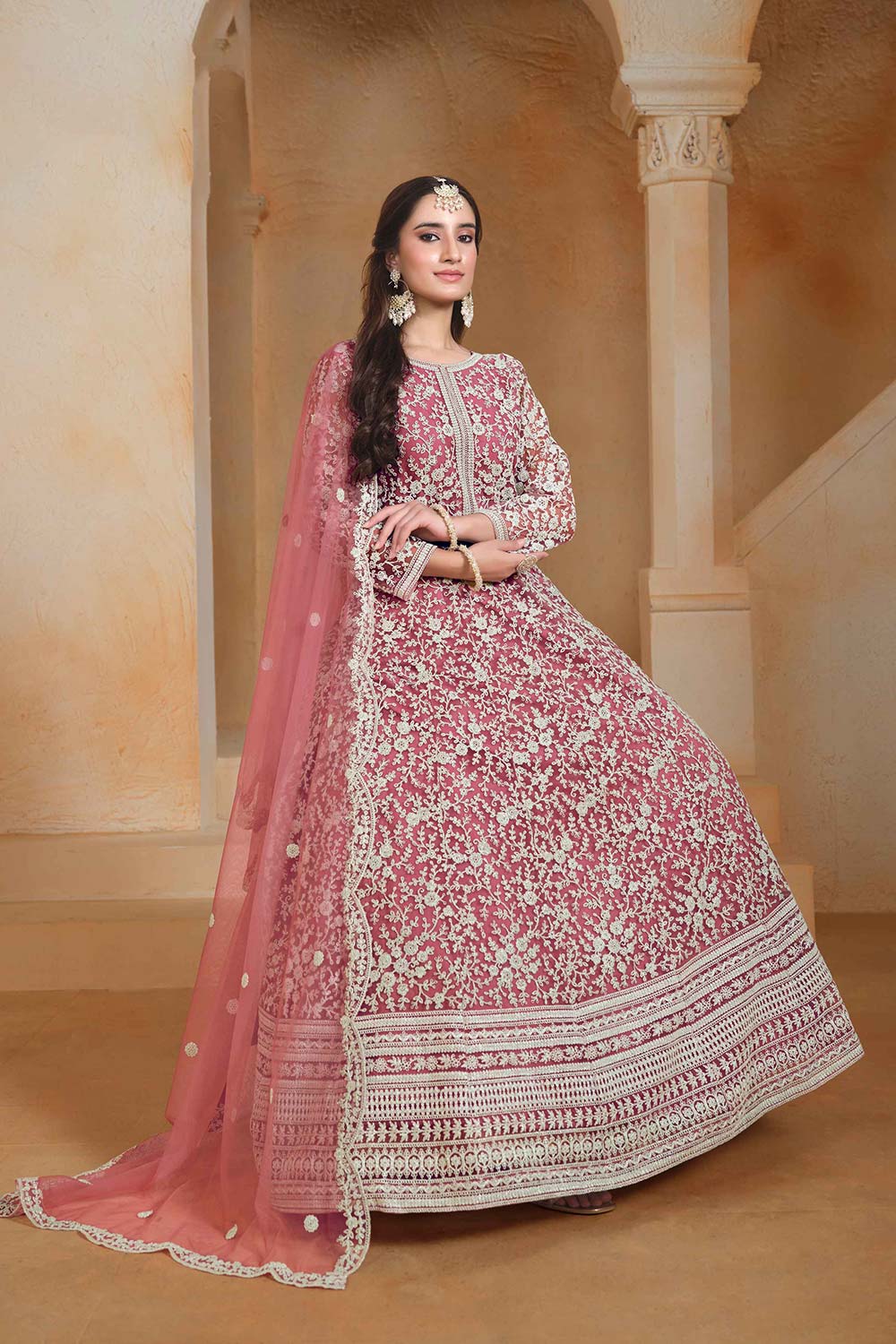 Pink Net Embroidered Anarkali Suit Set