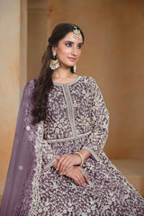 Purple Net Embroidered Anarkali Suit Set