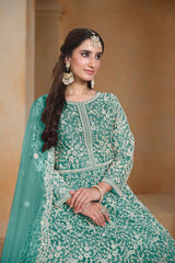 Sea Green Net Embroidered Anarkali Suit Set