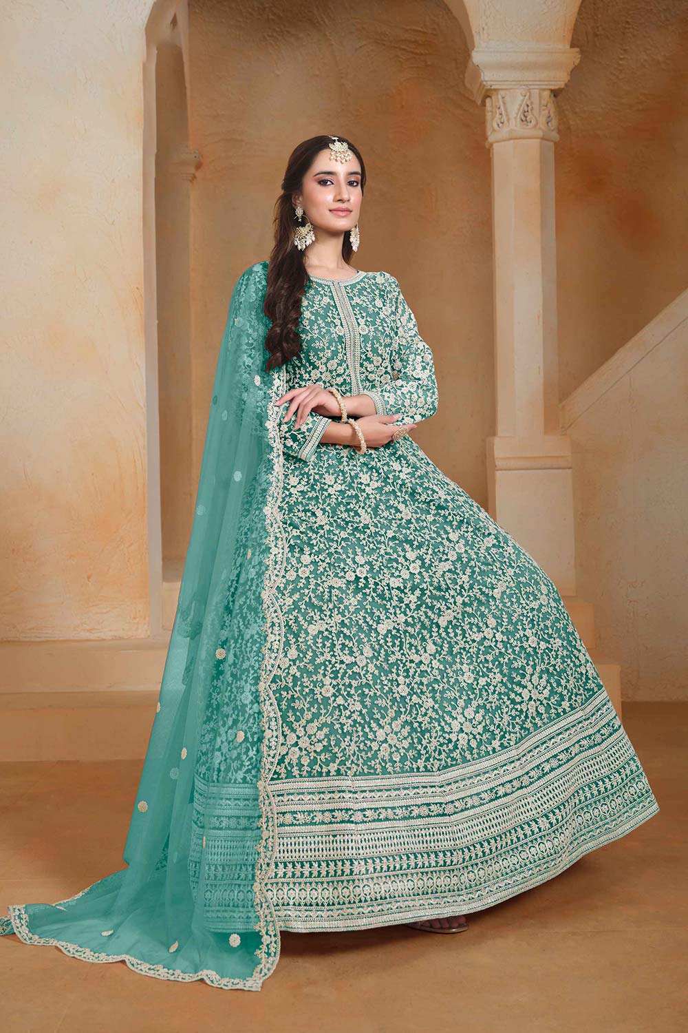 Sea Green Net Embroidered Anarkali Suit Set