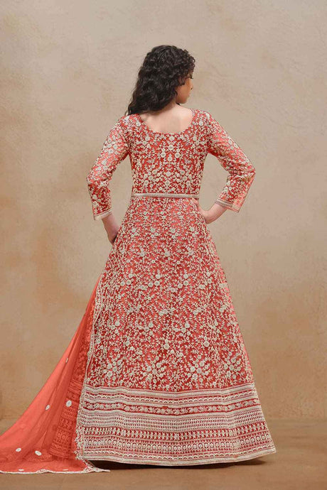 Orange Net Embroidered Anarkali Suit Set