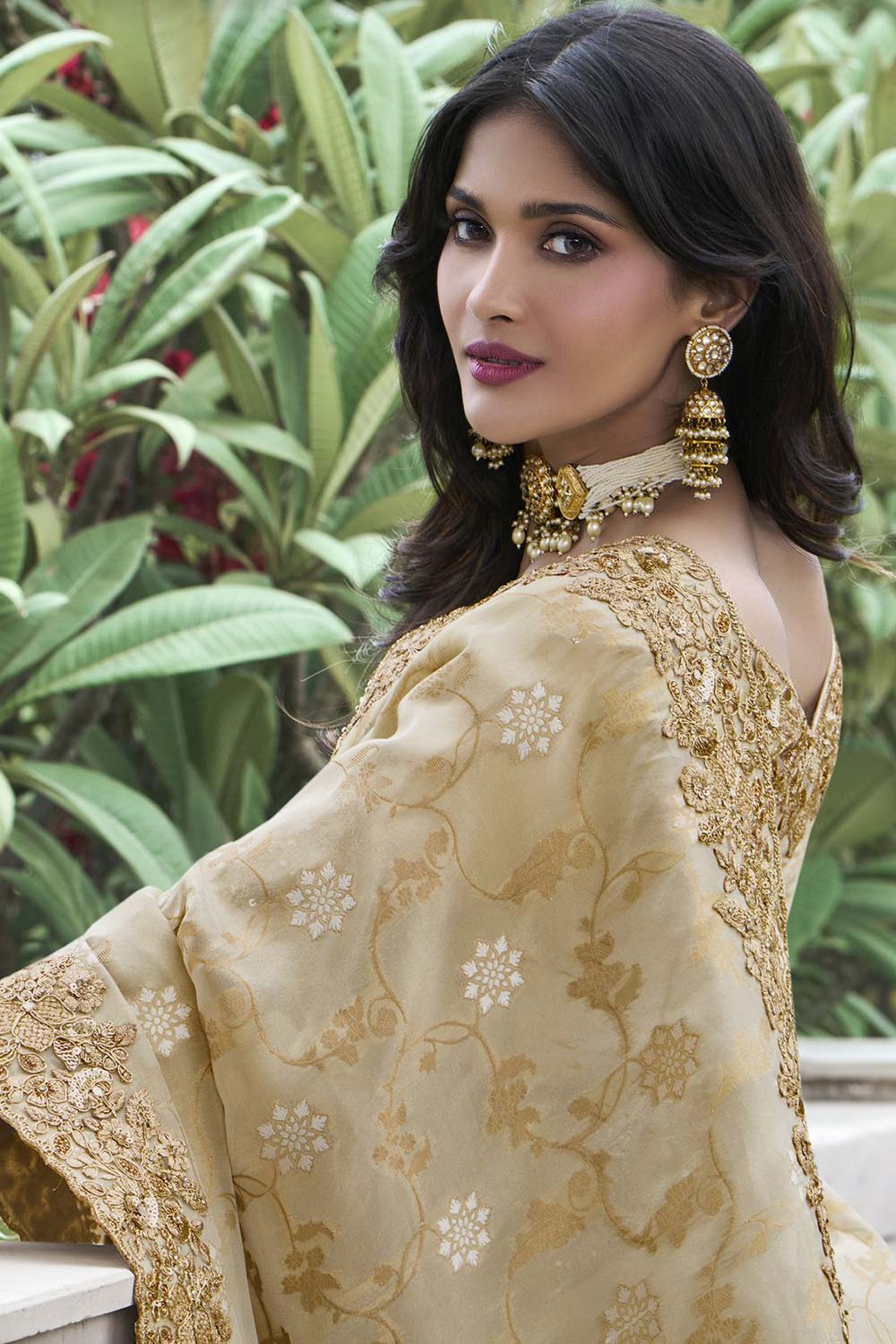 Beige Tissue Silk Embroidered Saree