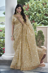 Beige Tissue Silk Embroidered Saree