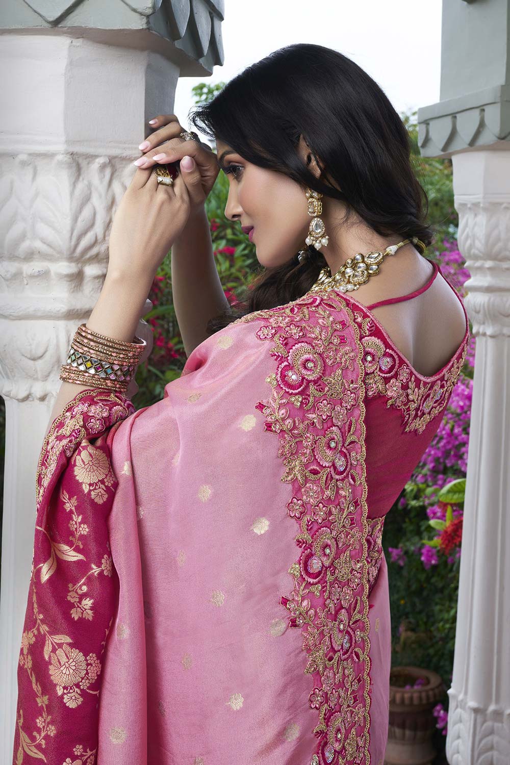 Pink Tissue Silk Embroidered Saree