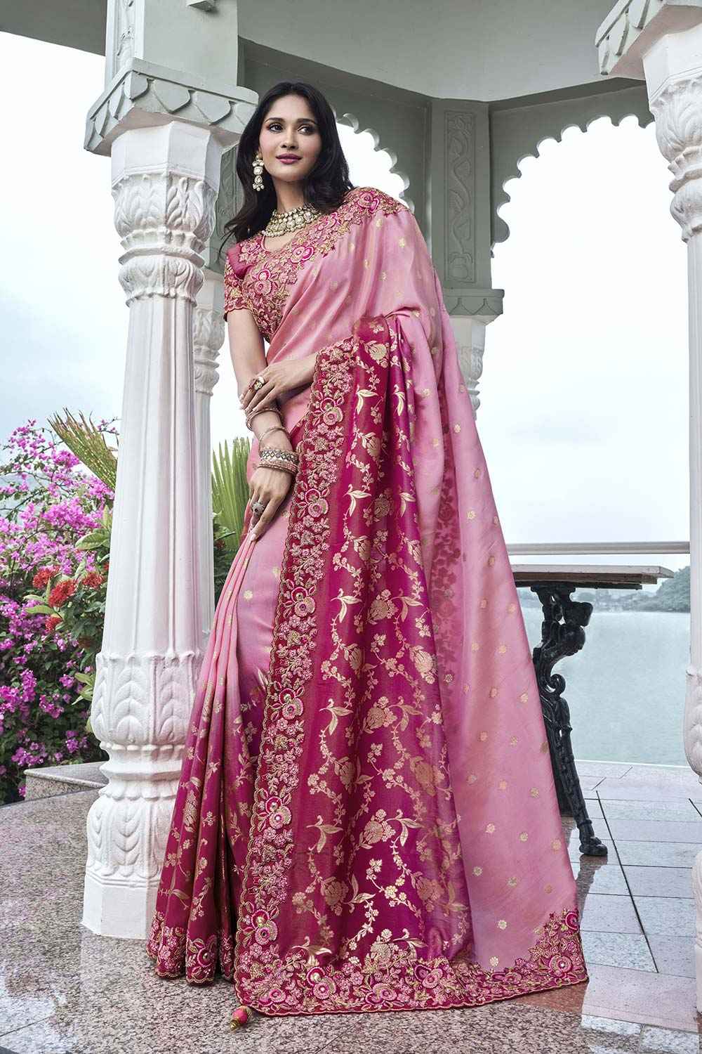 Pink Tissue Silk Embroidered Saree