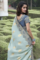 Blue Tissue Silk Embroidered Saree