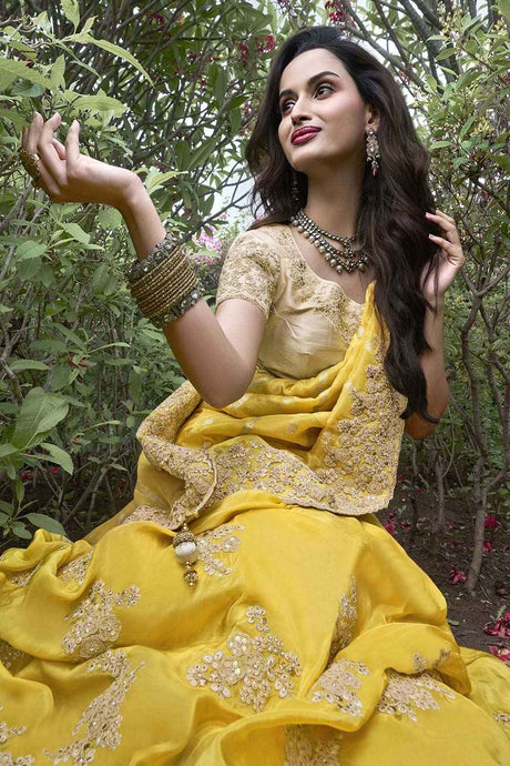 Yellow Tissue Silk Embroidered Saree